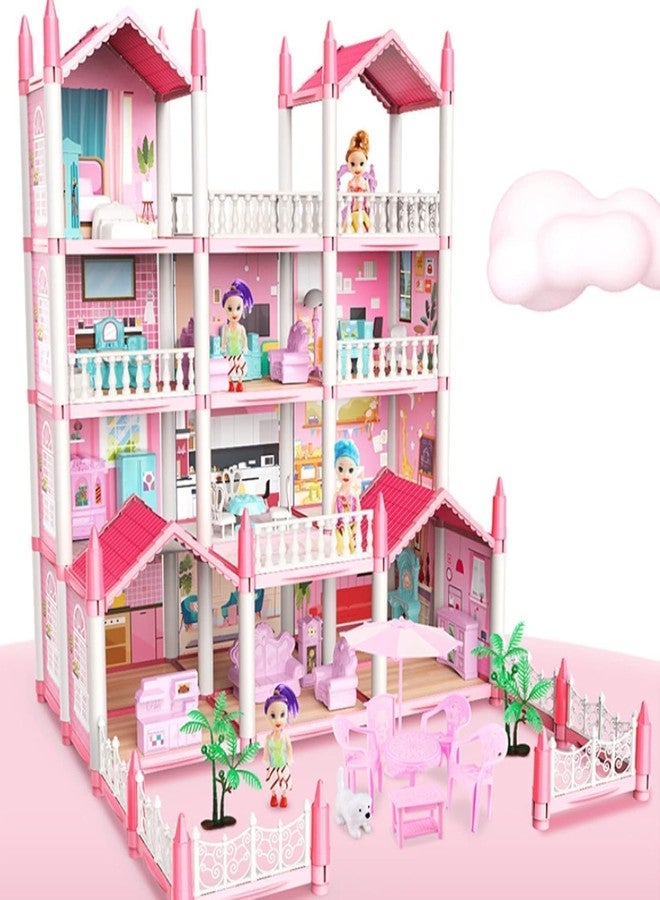 Daji Doll House Building Toys with Lights to Assemble Kitchen, Bedroom, Furniture, Garden, Dolls, Pets, Pink Play Dream House for Girls, Girls Toddler DIY Ideas Gifts - Image 1